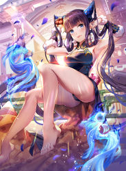 Rule 34 | 1girl, :p, backlighting, bare shoulders, barefoot, black dress, blue eyes, blunt bangs, blush, breasts, china dress, chinese clothes, cleavage, detached sleeves, dress, fate/grand order, fate (series), feet, fish, hair ornament, highres, large breasts, legs, long hair, looking at viewer, lychee, purple hair, renka (renkas), shrine, sidelocks, solo, toes, tongue, tongue out, twintails, very long hair, yang guifei (fate), yang guifei (second ascension) (fate)