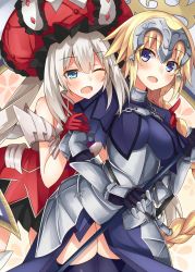 Rule 34 | 2girls, :d, armor, armored dress, bare shoulders, blonde hair, blush, braid, breasts, capelet, dress, fate/apocrypha, fate/grand order, fate/zero, fate (series), gauntlets, gloves, hat, headpiece, highres, hug, hug from behind, jeanne d&#039;arc (fate), jeanne d&#039;arc (ruler) (fate), komori kuzuyu, long hair, marie antoinette (fate), multiple girls, open mouth, purple eyes, silver hair, single braid, skirt, sleeveless, smile, thighhighs, weapon