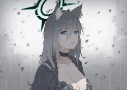 Rule 34 | 1girl, aged up, animal ear fluff, animal ears, black choker, black dress, blue archive, blue eyes, breasts, choker, cleavage, clenched teeth, collarbone, cross hair ornament, crying, crying with eyes open, dress, gradient background, grey background, grey hair, hair between eyes, hair ornament, halo, highres, large breasts, long hair, looking at viewer, parted lips, qumai79, shiroko (blue archive), shiroko terror (blue archive), solo, tears, teeth, upper body, wolf ears