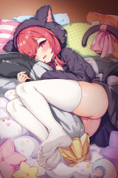 Rule 34 | 14c, 1girl, absurdres, animal ears, animal hood, ass, azur lane, black hoodie, blush, breasts, cat ears, cat tail, commentary request, fake animal ears, feet, highres, holding, holding pillow, hood, hoodie, hug, i-19 (azur lane), i-19 (pillowy paradise) (azur lane), long hair, long sleeves, looking at viewer, loungewear, lying, medium breasts, no shoes, hugging object, on side, one eye closed, open mouth, panties, pantyshot, pillow, pillow hug, pink panties, red eyes, red hair, revision, ribbon, smile, soles, solo, tail, tail ornament, tail ribbon, thighhighs, toes, torpedo, twintails, underwear, white thighhighs