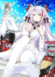 Rule 34 | 1girl, antenna hair, azur lane, bare shoulders, blush, breasts, bridal gauntlets, bridal veil, cleavage, commentary request, dress, elbow gloves, feet, gloves, headgear, highres, kagura ittou, large breasts, long hair, looking at viewer, multicolored hair, parted lips, petals, prinz eugen (azur lane), prinz eugen (symphonic fate) (azur lane), red hair, silver hair, sitting, smile, solo, streaked hair, swept bangs, thighhighs, veil, very long hair, wedding dress, white dress, white gloves, white thighhighs
