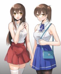Rule 34 | 10s, 2girls, :d, adapted costume, akagi (kancolle), armpits, asymmetrical hair, bag, bare shoulders, black legwear, blue skirt, blush, bra, breasts, brown hair, casual, closed mouth, collared shirt, cowboy shot, expressionless, eyebrows, female focus, fukuroumori, hand on own chest, handbag, holding hands, kaga (kancolle), kantai collection, large breasts, long hair, looking at viewer, multiple girls, neck, open mouth, over shoulder, panties, pantyhose, pleated skirt, red skirt, see-through, shiny skin, shirt, short hair, side ponytail, skirt, sleeveless, sleeveless shirt, smile, standing, thighhighs, underwear, white legwear, white shirt, wing collar, yellow eyes, zettai ryouiki