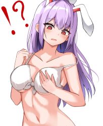 Rule 34 | 1girl, animal ears, bottomless, bra, breasts, highres, kiui (dagk8254), large breasts, long hair, partially undressed, purple hair, rabbit ears, red eyes, reisen udongein inaba, simple background, solo, touhou, underwear, undressing, white background