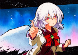 Rule 34 | 1girl, angel wings, arm up, bad id, bad pixiv id, beige jacket, blush, bow, bowtie, braid, breasts, clenched hand, collared jacket, dress, feathered wings, french braid, gem, green brooch, green gemstone, index finger raised, jacket, kishin sagume, looking at viewer, medium breasts, pointing, pointing at viewer, purple dress, qqqrinkappp, red bow, red bowtie, red eyes, ribbon, short hair, single wing, solo, touhou, traditional media, upper body, white hair, white wings, wing collar, wings