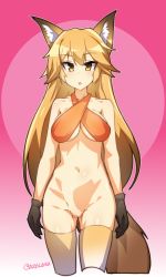 Rule 34 | 10s, 1girl, :o, animal ears, arms at sides, artist name, bare arms, bare shoulders, blonde hair, bottomless, breasts, brown hair, cleft of venus, cowboy shot, criss-cross halter, cropped legs, ezo red fox (kemono friends), fox ears, fox tail, gluteal fold, gradient background, gradient hair, halterneck, highres, kemono friends, long hair, looking at viewer, medium breasts, multicolored hair, navel, open mouth, pink background, pussy, shiny skin, solo, standing, stomach, tail, thighhighs, tilt-shift (azalanz), tsurime, uncensored, underboob, yellow eyes, yellow thighhighs