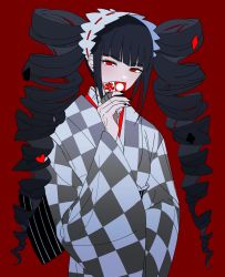 Rule 34 | 1girl, black hair, black nails, card, celestia ludenberg, checkered clothes, checkered kimono, danganronpa: trigger happy havoc, danganronpa (series), drill hair, hanafuda, heart, highres, holding, holding card, japanese clothes, kimono, long hair, long sleeves, looking at viewer, nail polish, red background, red eyes, simple background, solo, twin drills, twintails, upper body, vo1ez, wide sleeves