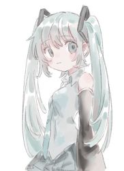 Rule 34 | 1girl, :|, bare shoulders, black sleeves, blue eyes, blue hair, blue necktie, closed mouth, collared shirt, detached sleeves, grey shirt, grey skirt, hair between eyes, hatsune miku, long hair, long sleeves, miniskirt, necktie, pleated skirt, plum0o0, shirt, simple background, skirt, solo, twintails, vocaloid, white background