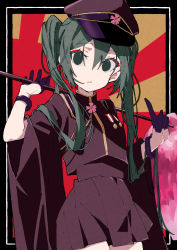 Rule 34 | 1girl, 3774., badge, black border, border, colored eyelashes, commentary, cowboy shot, eyeliner, gloves, green eyes, green hair, hair between eyes, half gloves, hat, hatsune miku, highres, holding, index finger raised, japanese clothes, long hair, looking at viewer, makeup, military hat, parted lips, pleated skirt, red background, red eyeliner, senbon-zakura (vocaloid), shirt, skirt, solo, twintails, very long hair, vocaloid, wide sleeves, wristband