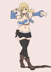 Rule 34 | 1girl, black skirt, blonde hair, blue sleeves, blush, boots, breasts, brown eyes, brown footwear, cleavage, closed mouth, collarbone, detached sleeves, fairy tail, highres, kojirou!, large breasts, looking at viewer, low twintails, lucy heartfilia, midriff, miniskirt, navel, pink background, short hair, simple background, skirt, smile, solo, standing, thighhighs, twintails, zettai ryouiki