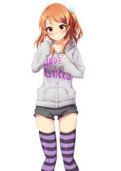 Rule 34 | 10s, 1girl, blush, brown eyes, brown hair, chigusa, clothes writing, hojo karen, hood, hood down, hoodie, idolmaster, idolmaster cinderella girls, long hair, long sleeves, looking at viewer, open mouth, short shorts, shorts, side ponytail, simple background, solo, standing, striped clothes, striped thighhighs, thighhighs, white background, zipper