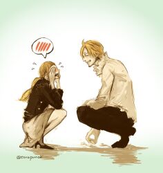 Rule 34 | 1boy, 1girl, artist name, asymmetrical bangs, blonde hair, blush, brown hair, cosette (one piece), crying, curly eyebrows, facial hair, from side, full body, goatee, highres, long hair, low ponytail, one piece, open mouth, ponytail, sanji (one piece), short hair, smile, speech bubble, squatting, teeth, torapunch