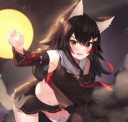 Rule 34 | 1girl, animal ear fluff, animal ears, armpit peek, bell, black hair, black shirt, black skirt, blush, claw pose, detached sleeves, fang, female focus, full moon, hair ornament, has bad revision, has downscaled revision, highres, hololive, leaning forward, long hair, looking at viewer, md5 mismatch, midriff, miniskirt, moon, multicolored hair, navel, necktie, night, night sky, ookami mio, ookami mio (1st costume), open mouth, outdoors, pleated skirt, red hair, red necktie, resolution mismatch, sailor collar, shirt, skirt, sky, smile, solo, source smaller, stomach, streaked hair, v-shaped eyebrows, virtual youtuber, wolf ears, wolf girl, woogi (duguddnr), yellow eyes