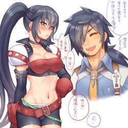 Rule 34 | 1boy, 1girl, alternate hairstyle, bad id, bad pixiv id, belt, bike shorts, black hair, black neckwear, black shorts, blue shirt, choker, cosplay, cowboy shot, closed eyes, folks (nabokof), gloves, hair over one eye, hand on own hip, long hair, ludger will kresnik, ludger will kresnik (cosplay), midriff, navel, necktie, open mouth, ponytail, popped collar, red gloves, rokurou rangetsu, rutee katrea, rutee katrea (cosplay), shirt, shorts, shoulder pads, smile, tales of (series), tales of berseria, tales of destiny, tales of xillia, tales of xillia 2, translation request, velvet crowe, yellow eyes, yellow neckwear