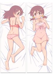 Rule 34 | 1girl, absurdres, ass, bare arms, bare legs, bare shoulders, barefoot, bed sheet, blush, bra, breasts, brown hair, collarbone, commentary, covered navel, dakimakura (medium), dimples of venus, dot nose, feet, full body, hair between eyes, hair down, hair ornament, hands on own chest, highres, large breasts, long hair, looking at viewer, looking back, low twintails, lying, multiple views, murosaki miyo, nightgown, nuurise2023, on back, on stomach, onii-chan wa oshimai!, panties, pink nightgown, pink panties, red bra, red eyes, red hair, shoulder blades, smile, toes, twintails, underwear, underwear only