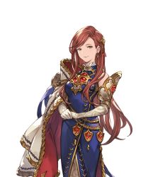 Rule 34 | 10s, 1girl, bare shoulders, brown eyes, brown hair, cape, dress, earrings, elbow gloves, gloves, granblue fantasy, hair ornament, herzeloyde (granblue fantasy), jewelry, long hair, looking at viewer, matching hair/eyes, minaba hideo, own hands together, smile, solo, transparent background, white gloves