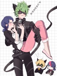 Rule 34 | 2boys, 2girls, adrien agreste, angry, animal ears, bell, black bodysuit, black jacket, black mask, blazer, blonde hair, blue eyes, blue hair, blush, bodysuit, carrying, cat boy, cat ears, cat tail, chat noir, chibi, claw noir, closed eyes, closed mouth, fake animal ears, fake tail, green eyes, highres, jacket, jingle bell, leather, leather jacket, marinette dupain-cheng, miraculous ladybug, multiple boys, multiple girls, open clothes, open jacket, pants, pink footwear, pink pants, princess carry, purple eyes, seio (nao miragggcc45), simple background, slit pupils, smile, superhero costume, tail, twitter username, upper body, white background