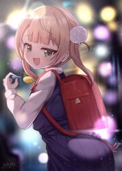 Rule 34 | 1girl, backpack, bag, blue dress, blurry, blurry background, blush, bokeh, commentary, cowboy shot, crime prevention buzzer, dated, depth of field, dot nose, dress, from side, green eyes, hair ornament, hand up, hashira 14, highres, indie virtual youtuber, light brown hair, long sleeves, looking at viewer, medium hair, open mouth, pinafore dress, pleated dress, pom pom (clothes), pom pom hair ornament, randoseru, red bag, shigure ui (vtuber), shigure ui (vtuber) (young), shirt, signature, sleeveless, sleeveless dress, solo, twintails, virtual youtuber, white shirt