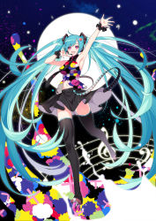 Rule 34 | 1girl, :d, absurdly long hair, absurdres, ahoge, arm up, armpits, black skirt, black thighhighs, blue hair, floating hair, full moon, groin, hair ornament, hatsune miku, headphones, highres, long hair, long legs, looking at viewer, midriff, miniskirt, moon, musical note, navel, open mouth, shiny clothes, shiny skin, skirt, sleeveless, smile, solo, stomach, tell your world (vocaloid), thighhighs, twintails, very long hair, vocaloid, wrist cuffs, yaoshi jun