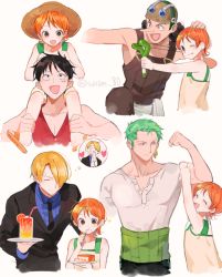Rule 34 | 1girl, 4boys, aged down, bad id, bad twitter id, black hair, black necktie, blonde hair, brown overalls, carrying, child, cup, dress, drink, drinking straw, earrings, eating, formal, green hair, haramaki, hat, holding, jewelry, joman, juice, monkey d. luffy, multiple boys, nami (one piece), necktie, one piece, orange eyes, orange hair, orange juice, overalls, red shirt, roronoa zoro, sanji (one piece), scar, scar on face, shirt, short hair, shoulder carry, sleeveless, sleeveless dress, slingshot (weapon), straw hat, suit, twitter username, usopp, white shirt