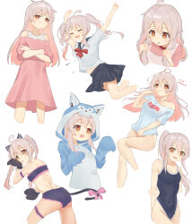 Rule 34 | 1girl, :d, :o, @ @, absurdres, aged up, ahoge, animal costume, animal ears, animal hands, arms up, black skirt, bottomless, brown eyes, cat ears, cat tail, closed eyes, commentary, crossed arms, fang, gloves, grey hair, highres, holding, holding hair, long hair, multicolored hair, multiple views, one-piece swimsuit, onii-chan wa oshimai!, open mouth, oyama mahiro, paw gloves, pink hair, ponytail, school uniform, serafuku, simple background, skirt, smile, smug, sty, swimsuit, tail, twintails, two-tone hair, white background, wolf costume