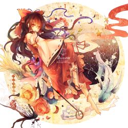 Rule 34 | 1girl, anklet, barefoot, bow, detached sleeves, fish, flower, french text, gohei, hair bow, hakurei reimu, highres, jewelry, kirero, long hair, shoes, single shoe, solo, touhou