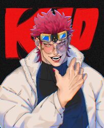 Rule 34 | 1boy, alternate costume, bespectacled, black shirt, character name, coat, eustass kid, glasses, goggles, goggles on head, hand up, highres, long sleeves, looking at viewer, male focus, one piece, open mouth, orange eyes, red hair, red lips, red nails, round eyewear, shirt, short hair, sideburns, smile, solo, taut clothes, taut shirt, upper body, yato 0410