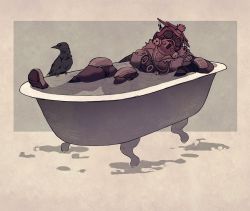 Rule 34 | 1other, apex legends, bathtub, bird, bloodhound (apex legends), boots, cable, crow, fur trim, goggles, head tilt, helmet, jacket, knee pads, looking to the side, magpie (royalcorvids), partially submerged, rebreather, sitting, solo, water