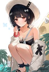 Rule 34 | 1girl, absurdres, ankle scrunchie, bag, bare shoulders, black hair, black shirt, black shorts, blush, breasts, cleavage, clenched hand, closed mouth, clothes down, collarbone, granblue fantasy, hair ornament, hat, highres, jacket, jewelry, looking at viewer, nakonbu, plant, pom pom (clothes), pom pom hair ornament, red eyes, sandals, scrunchie, shirt, short hair, shorts, shoulder bag, small breasts, solo, squatting, strapless, strapless shirt, sun hat, twitter username, vikala (granblue fantasy), vikala (summer) (granblue fantasy), white jacket, wrist scrunchie