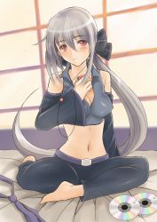 Rule 34 | 1girl, absurdres, barefoot, breasts, cd, cleavage, digital media player, highres, hukase, ipod, long hair, midriff, narcisse, necktie, red eyes, silver hair, smile, solo, tattoo, very long hair, vocaloid, yowane haku