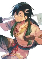 Rule 34 | 1boy, black hair, brown eyes, brown gloves, closed mouth, collarbone, dirty, dirty face, fate/grand order, fate (series), from above, gloves, hair between eyes, highres, holding rake, japanese clothes, male focus, mandricardo (fate), multicolored hair, over shoulder, pectoral cleavage, pectorals, rake, red rope, rope, sandals, short hair, short sleeves, simple background, smile, solo, streaked hair, sweat, tumikilondon5, white background
