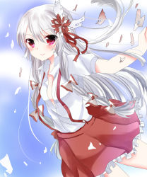 Rule 34 | 1girl, adapted costume, blue sky, cloud, day, female focus, flower, fujiwara no mokou, hair flower, hair ornament, hair ribbon, highres, long hair, looking at viewer, ohitashi, open clothes, open hand, open shirt, outstretched arm, red eyes, ribbon, shirt, short sleeves, skirt, sky, smile, solo, suspenders, torn ribbon, touhou, very long hair, white hair, wind