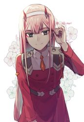 Rule 34 | 10s, 1girl, adjusting hair, bad id, bad pixiv id, brown eyes, darling in the franxx, dress, hairband, hand on lap, horns, leaning forward, long hair, looking at viewer, necktie, orange necktie, pink hair, red dress, short necktie, smile, solo, ud sari, uniform, very long hair, white background, white hairband, zero two (darling in the franxx)