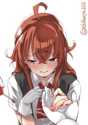 Rule 34 | 1girl, admiral (kancolle), ahoge, applying manicure, arashi (kancolle), black vest, blush, ebifurya, embarrassed, gloves, grey eyes, hair between eyes, highres, holding hands, kantai collection, long hair, nail polish, necktie, painting nails, red hair, shirt, simple background, twitter username, vest, white background, white gloves, white shirt
