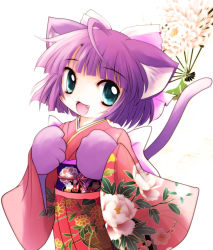 Rule 34 | 1girl, animal ears, animal hands, blush, bow, cat ears, cat tail, hair bow, highres, japanese clothes, kimono, open mouth, original, smile, solo, tail, yume shokunin