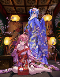 Rule 34 | 2girls, absurdres, ahoge, architecture, asakura (asa t77), bare shoulders, barefoot, bell, black kimono, blue eyes, blue hair, breasts, cherry blossoms, cleavage, commentary request, east asian architecture, floral print, floral print kimono, flower, folding screen, furisode, hair bell, hair flower, hair ornament, hairpin, highres, hololive, hoshimachi suisei, indoors, japanese clothes, jingle bell, kanzashi, kimono, kiseru, lantern, long hair, medium breasts, medium hair, multiple girls, multiple hairpins, off shoulder, oiran, paper lantern, pink kimono, sakura miko, side ponytail, smoking pipe, tatami, virtual youtuber