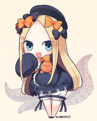 Rule 34 | 1girl, :d, abigail williams (fate), black bow, black dress, black footwear, black hat, blonde hair, bloomers, blue eyes, blush, bow, brown background, bug, butterfly, chibi, commentary request, dress, fate/grand order, fate (series), forehead, full body, hair bow, hat, hugging object, insect, leaning forward, long hair, long sleeves, looking at viewer, open mouth, orange bow, parted bangs, polka dot, polka dot bow, shoes, sleeves past fingers, sleeves past wrists, smile, solo, standing, stuffed animal, stuffed toy, suction cups, teddy bear, tentacles, underwear, very long hair, white bloomers, yuzuki gao