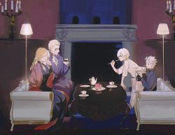 Rule 34 | black dress, black shorts, blonde hair, blush, breasts, cake, candelabra, candle, candlestand, cleavage, closed eyes, closed mouth, coat, couch, cumcmn, cup, dante (devil may cry), devil may cry (series), dress, drinking, eating, eva (devil may cry), family, fire, food, fork, hair slicked back, holding, holding cup, holding fork, holding plate, indoors, lamp, long hair, monocle, plate, purple coat, reflection, shorts, sitting, smile, sparda, table, tea set, teacup, vergil (devil may cry), white hair