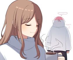 ... 2girls bang_dream! bang_dream!_it&#039;s_mygo!!!!! brown_hair chihaya_anon closed_eyes closed_mouth coffee_mug commentary cup highres hiruver holding holding_cup long_hair mug multiple_girls nagasaki_soyo simple_background spoken_ellipsis sweater turtleneck turtleneck_sweater white_background white_sweater