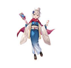 Rule 34 | 1girl, absurdres, blue kimono, dragonstone, envelope, fire emblem, fire emblem fates, fire emblem heroes, flower, full body, grey eyes, grey hair, hagoita, hair bun, hair flower, hair ornament, haori, highres, holding, holding envelope, japanese clothes, kana (female) (fire emblem), kana (female) (rising sunlight) (fire emblem), kana (fire emblem), kimono, looking at viewer, nintendo, official alternate costume, official art, open mouth, paddle, sandals, satoupote, smile, solo, white background, zouri