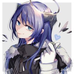 Rule 34 | 1girl, arknights, black jacket, blue eyes, blue hair, closed mouth, commentary request, finger heart, fur-trimmed jacket, fur trim, gloves, grey background, halo, highres, horns, jacket, long hair, long sleeves, looking at viewer, mostima (arknights), puffy long sleeves, puffy sleeves, signature, sleeves past wrists, smile, solo, two-tone background, upper body, white background, white gloves, yoshiga