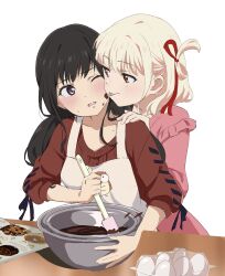 Rule 34 | 2girls, apron, black hair, blonde hair, blush, bowl, chocolate, chocolate making, collarbone, food, food on face, frilled shirt, frills, hair ribbon, highres, holding, holding spatula, inoue takina, licking, licking another&#039;s cheek, licking another&#039;s face, long hair, low twintails, lycoris recoil, multiple girls, nishikigi chisato, one eye closed, one side up, open mouth, or2 (sahr7857), pink shirt, purple eyes, red eyes, red ribbon, red sweater, ribbon, shirt, short hair, simple background, sleeves past elbows, spatula, sweatdrop, sweater, tongue, tongue out, twintails, valentine, white apron, white background, yuri