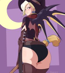 Rule 34 | 1girl, ass, black panties, blonde hair, blue eyes, blush, bodice, breasts, broom, brown gloves, brown thighhighs, capelet, commentary, cowboy shot, earrings, elbow gloves, from behind, frown, gloves, halloween costume, hand on own arm, hat, highres, holding, holding broom, jack-o&#039;-lantern, jack-o&#039;-lantern earrings, jewelry, looking at viewer, looking back, mechanical wings, mercy (overwatch), official alternate costume, overwatch, overwatch 1, panties, pelvic curtain, purple background, short hair, short sleeves, solo, thighhighs, twitter username, underwear, wings, witch hat, witch mercy, zero momentai