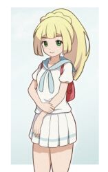 Rule 34 | 1girl, backpack, bag, blonde hair, blunt bangs, border, braid, closed mouth, commentary request, cowboy shot, creatures (company), french braid, game freak, green eyes, high ponytail, lillie (pokemon), long hair, looking at viewer, mrwww, nintendo, pleated skirt, pokemon, pokemon sm, shirt, short sleeves, skirt, smile, solo, white border, white shirt, white skirt