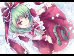 Rule 34 | 1girl, :o, bad id, bad pixiv id, bow, bug, butterfly, female focus, frills, from above, front ponytail, green eyes, green hair, hair bow, bug, kagiyama hina, letterboxed, light particles, light smile, long hair, matching hair/eyes, mokoppe, open mouth, skirt hold, solo, touhou
