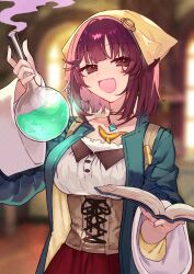 Rule 34 | 1girl, :d, atelier (series), atelier sophie, blurry, blurry background, book, bottle, breasts, brown choker, choker, commentary request, corset, fang, green jacket, head scarf, highres, holding, holding book, holding bottle, jacket, long sleeves, looking at viewer, medium breasts, open clothes, open jacket, open mouth, red eyes, red hair, ryuuno6, short hair, smile, solo, sophie neuenmuller, yellow headwear