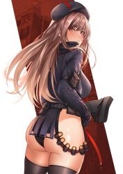 Rule 34 | 1girl, absurdres, ass, belt, beret, black jacket, black sleeves, black thighhighs, breasts, brown eyes, brown hair, closed mouth, cowboy shot, dot nose, from behind, goddess of victory: nikke, gun, hat, highleg, highres, holding, holding gun, holding weapon, jacket, large breasts, long hair, long sleeves, looking at viewer, looking back, mr2d, rapi (nikke), sideboob, simple background, solo, thighhighs, thighs, v-shaped eyebrows, weapon, white background