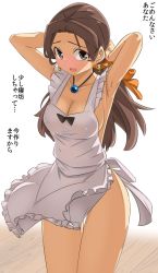 Rule 34 | 1girl, alternate costume, armpits, arms behind head, arms up, blush, breasts, brown eyes, brown hair, cleavage, dragon quest, dragon quest iv, imaichi, large breasts, long hair, looking at viewer, open mouth, solo, standing, tessie