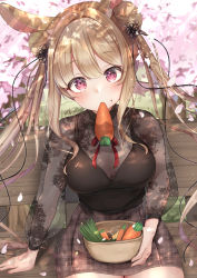 Rule 34 | 1girl, animal ear fluff, animal ears, bench, blush, bowl, breasts, brown hair, carrot, cherry blossoms, cleavage, collarbone, commentary, commentary request, cowboy shot, curvy, day, double bun, food in mouth, hair bun, hair ribbon, highres, holding, holding bowl, large breasts, long hair, looking at viewer, miyagi ratona, original, outdoors, parted bangs, pencil skirt, rabbit girl, red eyes, ribbon, see-through, see-through sleeves, side slit, sidelocks, sitting, skirt, solo, symbol-only commentary, twintails, unmoving pattern