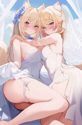 Rule 34 | 2girls, alternate costume, animal ear fluff, animal ears, ass, blonde hair, blue eyes, blue hair, breasts, dog ears, dog girl, dog tail, dress, fuwawa abyssgard, hair ornament, highres, hololive, hololive english, koahri, large breasts, long hair, mococo abyssgard, multicolored hair, multiple girls, pink eyes, pink hair, siblings, sisters, small breasts, streaked hair, tail, twins, virtual youtuber, wedding dress