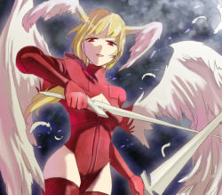 Rule 34 | 1girl, alma beoulve, angel wings, bad id, bad pixiv id, blonde hair, bodysuit, breasts, cleavage, cleavage cutout, clothing cutout, cowboy shot, dual wielding, evil grin, evil smile, feathers, final fantasy, final fantasy tactics, gloves, grin, half-closed eyes, head wings, holding, holding weapon, instrument, leotard, lipstick, long hair, looking down, makeup, red eyes, red thighhighs, small breasts, smile, solo, sword, thighhighs, turtleneck, ultima (fft), vilion, violin, weapon, wings